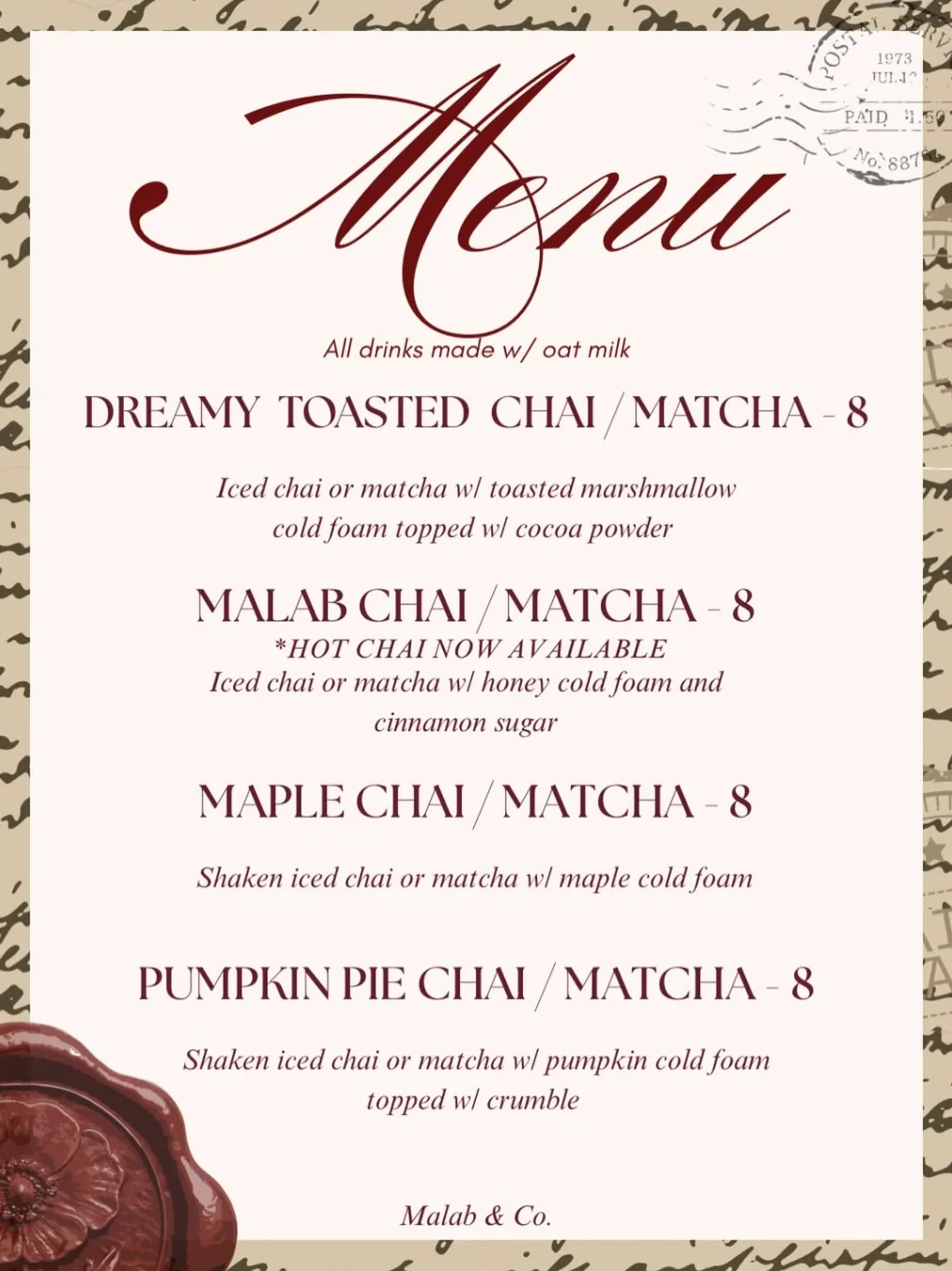 Malab's fall menu sign with a burgundy script heading and a wax seal