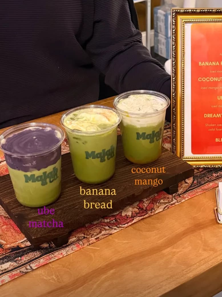Ube, banana bread and coconut mango matchas